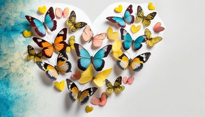 decorative flying butterflies pattern in heart shape on white background with copy space spring summer season concept