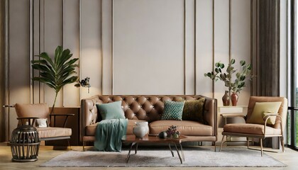 Canvas Print - living room wall mockup with leather sofa and decor on background 3d rendering