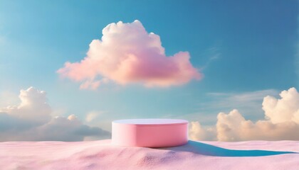 Wall Mural - surreal cloud podium outdoor on blue sky pink pastel clouds with empty space beauty cosmetic product placement pedestal present promotion minimal display summer paradise dreamy concept