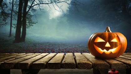 Wall Mural - one spooky halloween pumpkin blank template on a wooden bench with a misty forest night background with space for product placement