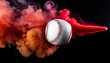 white baseball ball in multi colored red smoke from a vape on a black background