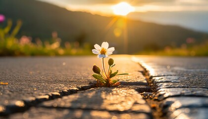 Wall Mural - a small flower growing on a cracked asphalt road glistens in the light of the setting sun success concept suitable for life and hard work