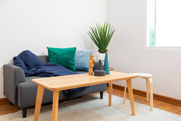 Wall Mural - Modern living room with blue and green pillow on sofa. Coffee table with plant pot and ceramic vase.