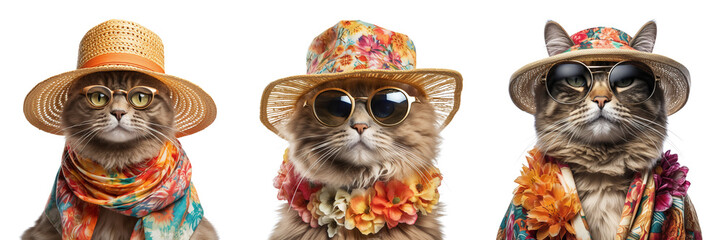 Collection of cats wearing hat and sunglasses, dressed for the upcoming summer, isolated on white background