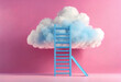 © MDRobiul - 3d render, white fluffy cloud above the blue ladder, isolated on pink background. Generative Ai