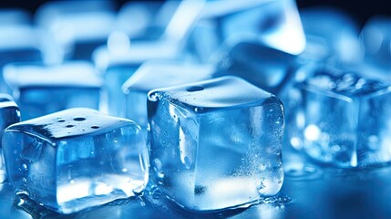 Close up of clear crystal Ice cubes on blue background.