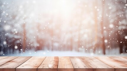 Wall Mural - Empty wooden brown  table in beautiful blurred winter landscape, wood plank board with snowflakes and fog. horizontal background or wallpaper, copy space 