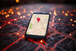 GPS navigation concept on smart phone with city map and red location pin.