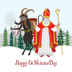 Wall Mural - Vector illustration of St Nicholas and Krampus