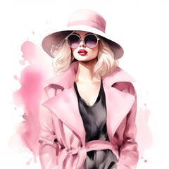 Wall Mural - Pink Fashion Girl Exuding Confidence Watercolor Clipart