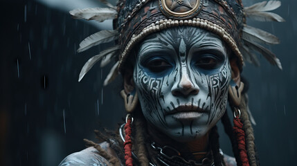 Portrait of a tribal shaman with intricate face paint, tribal accessories, and a mystical atmosphere. Concept of Spiritual Connection, Ancient Wisdom, and Shamanic Traditions.