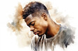 Handsome young African american man - mixed emotions - calmness - freedom - mindfulness - watercolor illustration