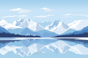 Wall Mural - Beautiful panoramic landscape of a lake with reflections against the backdrop of stunning large mountains covered with snow, trees and amazing clouds. Vector illustration for Christmas or New Year.