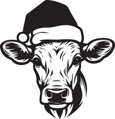 black and white cow with Santa Christmas hat