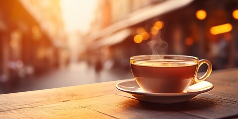 Wall Mural - A simple tea cup in a lively café setting.