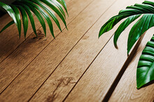 Palm Leaves On Wooden Background