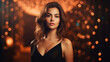 © Oleksandr - beautiful woman in a black dress on a background of lights. ai generative