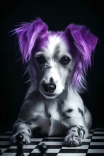 Portrait Of Cute Dog With Purple Colored Fur Laying On The Checkerboard With Chessmen On Black Background.