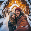 Young couple wearing winter clothes taking selfie photo in mountains with winter snow - Happy boyfriends with hats hiking outdoors - Recreation, sport and people concept