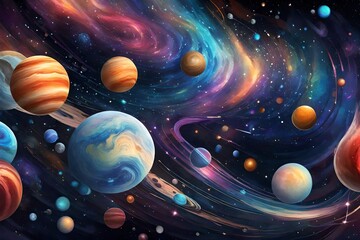  Craft a dynamic outer space background with swirling galaxies, planets, and a cosmic array of colors.