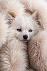Poster - A beautiful smiling dog peeps out from a fur background and looks at the camera.