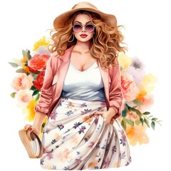 Poster - Captivating Watercolor Clipart of Plus Size Fashion Girl Springtime Charm & Fashionable Flair