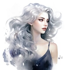 Wall Mural - Captivating Watercolor Clipart of Graceful Girl in Silver Dress and Hair