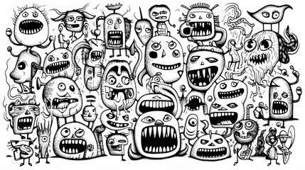 Canvas Print - monsters. Funny line hand-drawn aliens for coloring pages. Flat illustration generativ ai	
