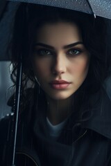 Poster - A woman stands in the rain, holding an umbrella. This image can be used to depict protection from the elements or a rainy day.