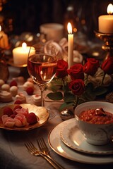 Poster - A table set with a candle and a plate of food. Perfect for showcasing a cozy and intimate dining experience. Can be used for restaurant promotions, food blogs, or home cooking articles.