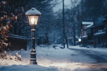 Poster - A picture of a street light in the middle of a snowy street. This image can be used to depict winter scenes or urban landscapes in cold weather.