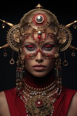 Poster - A woman wearing a red dress and a gold mask. This elegant image can be used for masquerade events or mysterious themed projects.