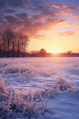 Sticker - A picturesque snow-covered field with a stunning sunset in the background. Perfect for winter landscapes and nature-themed designs.