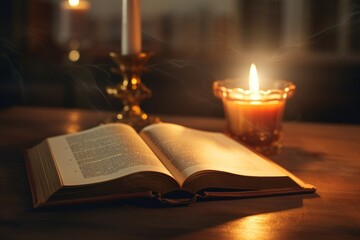 Aufkleber - An open book is placed on top of a wooden table, with a lit candle beside it. This image can be used to depict a cozy reading environment or to symbolize knowledge and enlightenment.