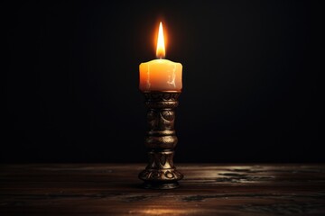 Poster - A lit candle placed on top of a wooden table. Perfect for creating a cozy and warm atmosphere. Ideal for home decor, relaxation, and meditation scenes.