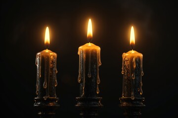 Poster - A group of three lit candles sitting next to each other. This image can be used for various purposes such as relaxation, meditation, or religious themes.