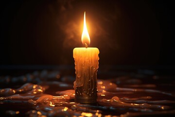 Poster - A lit candle sitting on top of a table. This image can be used to create a cozy and intimate atmosphere in various settings.