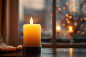 Aufkleber - A lit candle sitting on a table next to a window. Suitable for creating a cozy atmosphere or adding warmth to any space.