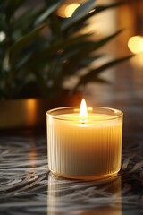 Aufkleber - A lit candle sits on a table next to a potted plant. This image can be used to create a cozy and peaceful atmosphere in various settings.
