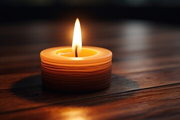 Poster - A simple yet elegant image of a lit candle placed on top of a wooden table. Perfect for creating a warm and cozy atmosphere. Ideal for home decor or relaxation-themed designs.