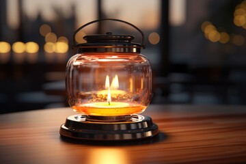 Poster - A simple yet elegant image of a lit candle placed on top of a wooden table. This versatile picture can be used to create a cozy and warm ambiance in various settings.