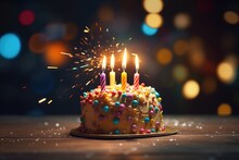 A picture of a birthday cake with candles lit and colorful sprinkles. This image can be used to celebrate birthdays and special occasions.