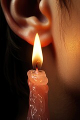 Poster - A person holding a candle in front of their ear. This image can be used to illustrate concepts such as listening, communication, or hearing problems.