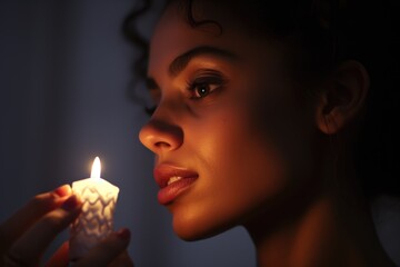 Aufkleber - A woman holding a lit candle in her hand. Perfect for creating a cozy and intimate atmosphere.