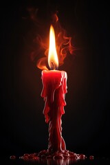 Poster - A lit candle with a red flame on a black background. This image can be used to create a warm and cozy atmosphere or to represent hope and inspiration. It is perfect for various projects and designs.