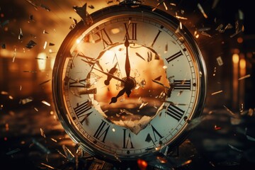 Poster - A clock with numerous bits flying around it. Perfect for illustrating the concept of time, technology, and innovation.