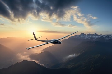 Poster - A small airplane can be seen flying over a majestic mountain range. This image can be used to showcase adventure, travel, and the beauty of nature.