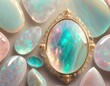 Pastel background with shining opal stones golden baroque luxurious jewellery.