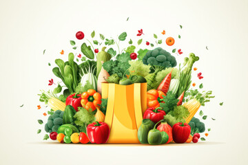 Wall Mural - Grocery bag with vegetables and fruits isolated on white background. Vivid grocery Illustration for kid, sale, package, cutout minimal shopping concept.