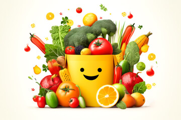 Wall Mural - Happy Grocery bag with vegetables and fruits isolated on white background. Vivid grocery Illustration for kid, sale, package, cutout minimal shopping concept.